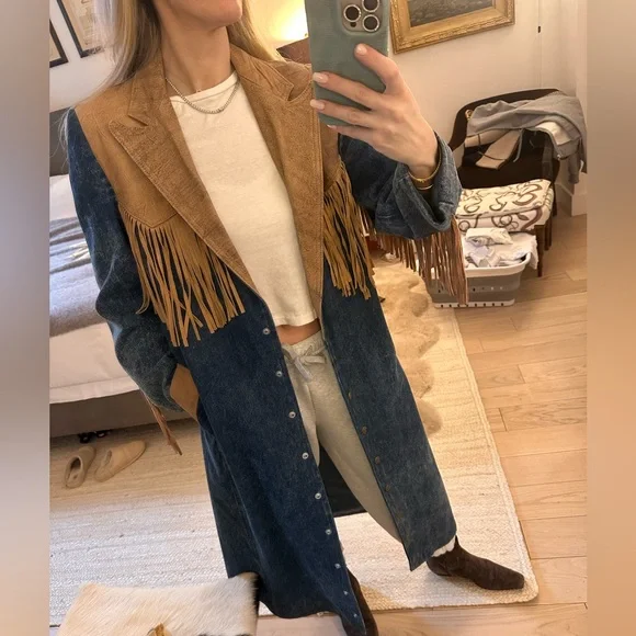Denim and Tan Fringe Women's Coat - Picture 1 of 10
